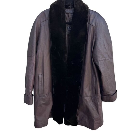 DANY Direct Action New York Vintage Womens Faux Fur Collar Long Leather Coat L - Picture 1 of 16